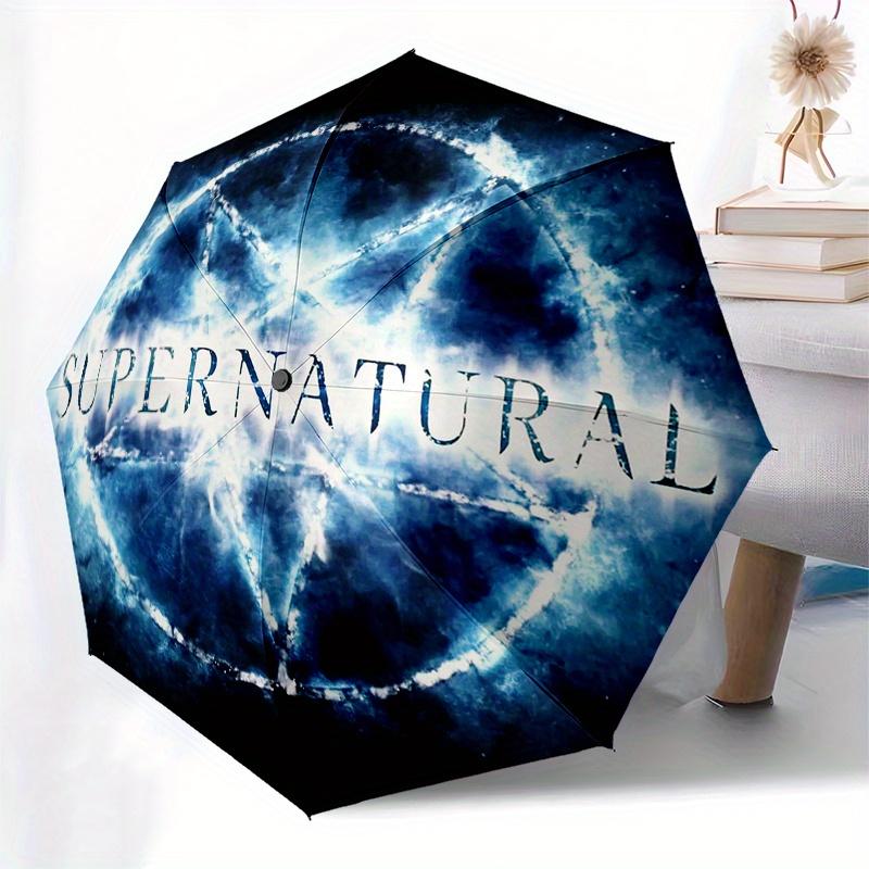 Supernatural Pentagram Protection Umbrella - Automatic Open/Close, Gothic occult design umbrella with Bold 'Supernatural' Text
