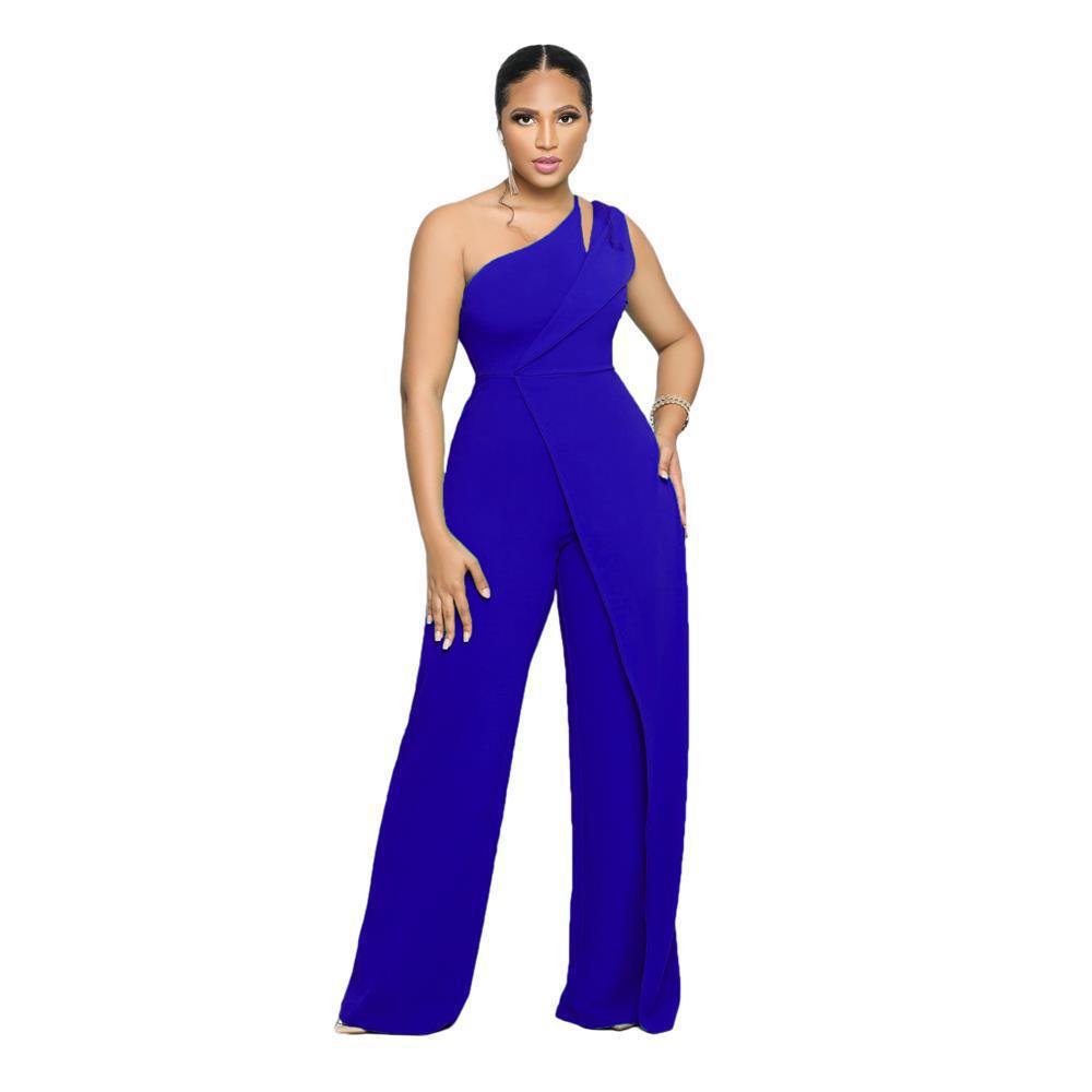 9904 European & American Sexy Sleeveless One-Shoulder High Waist Straight Jumpsuit