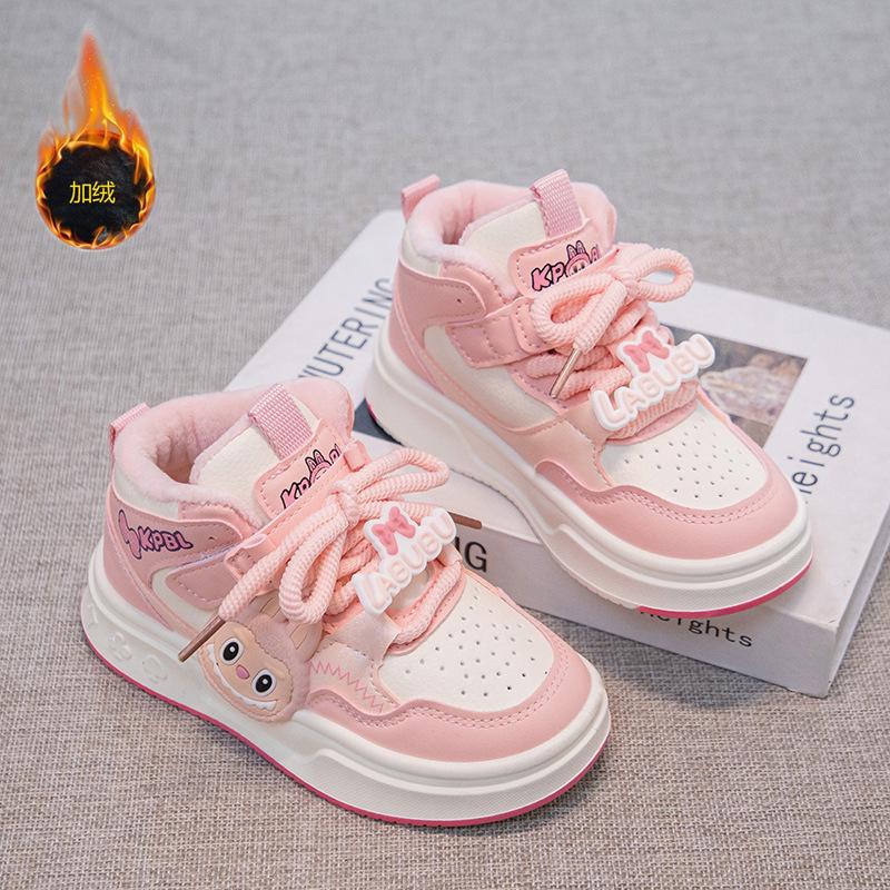 Girls Cartoon Sneakers Velvet Two Cotton Shoes 2025 Autumn and Winter New Middle-aged and Older Children's Casual Shoes Cute Children's Board Shoes