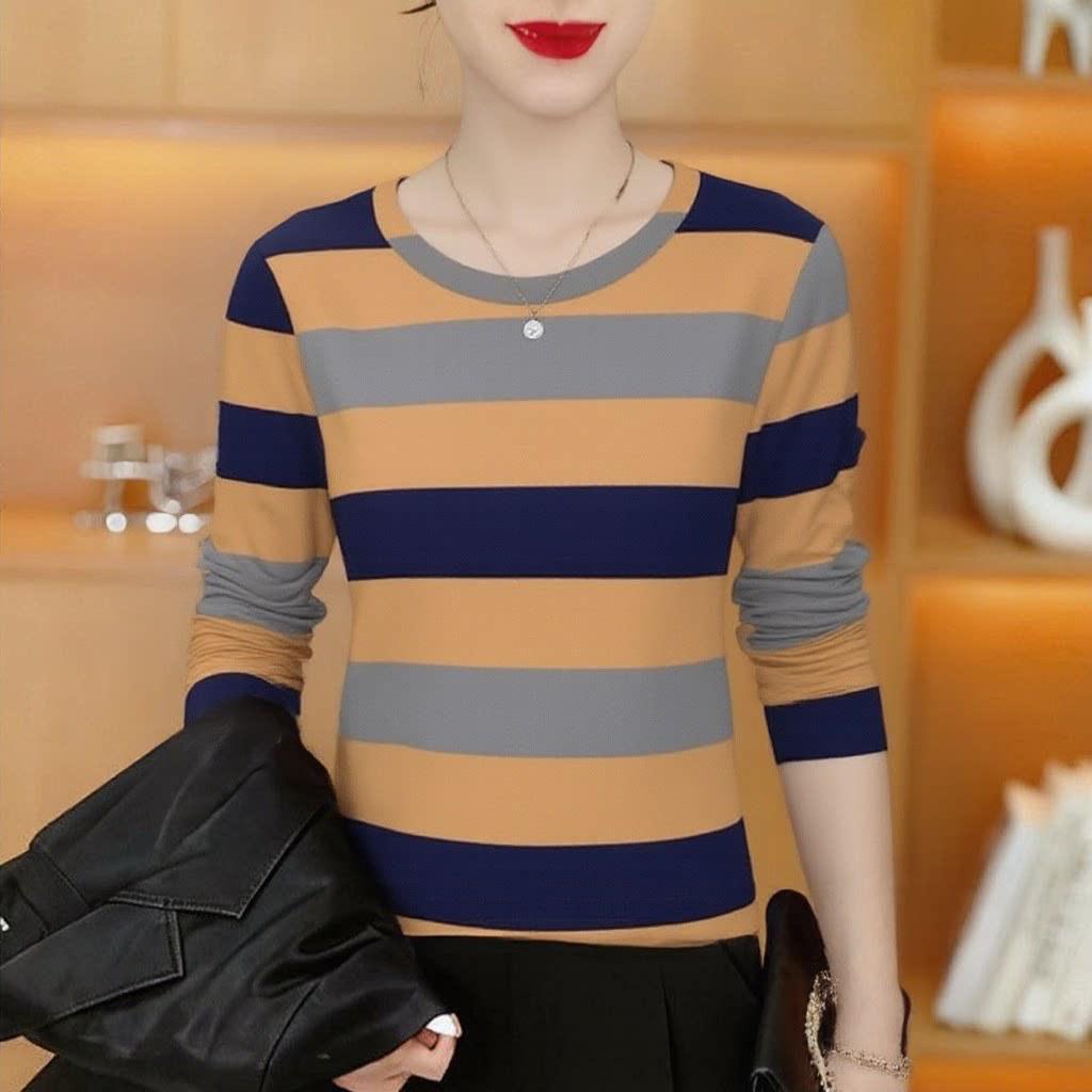 Women's Striped Long-Sleeve T-Shirt, Round Neck, Slimming, Tummy-Covering, Fashionable Base Layer or Outerwear