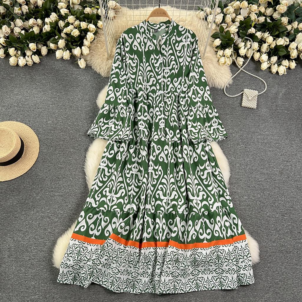 Květinový potisk Volné šaty s rozšířenými rukávy pro jaro/léto pro ženy Nové Prázdninové Volnočasové Temperamentní Dlouhé A-linie šaty