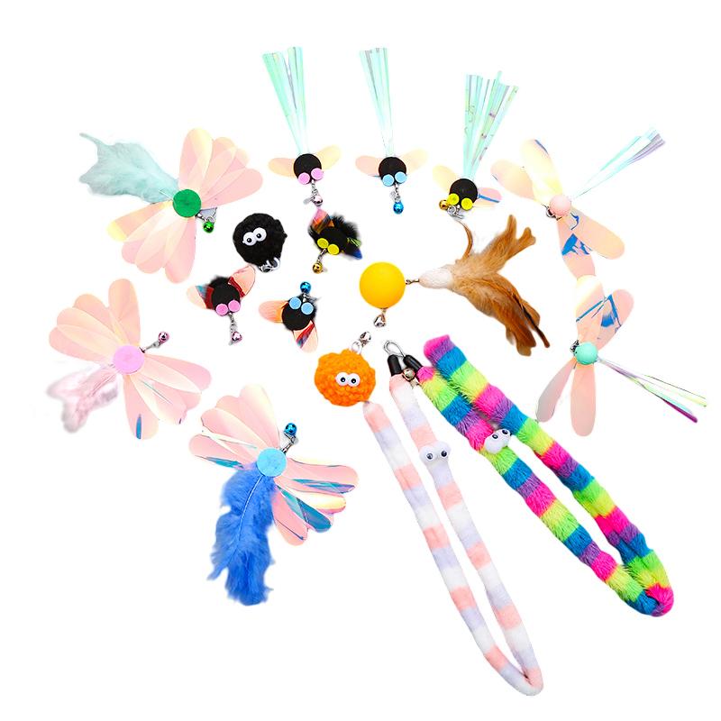 Cat Stick Feather Toys Indoor Cats Pet Toys Feather Replacement Head Cat Sequins Feather Teaser Cat Bell Balls Fuzzy Ball Toys