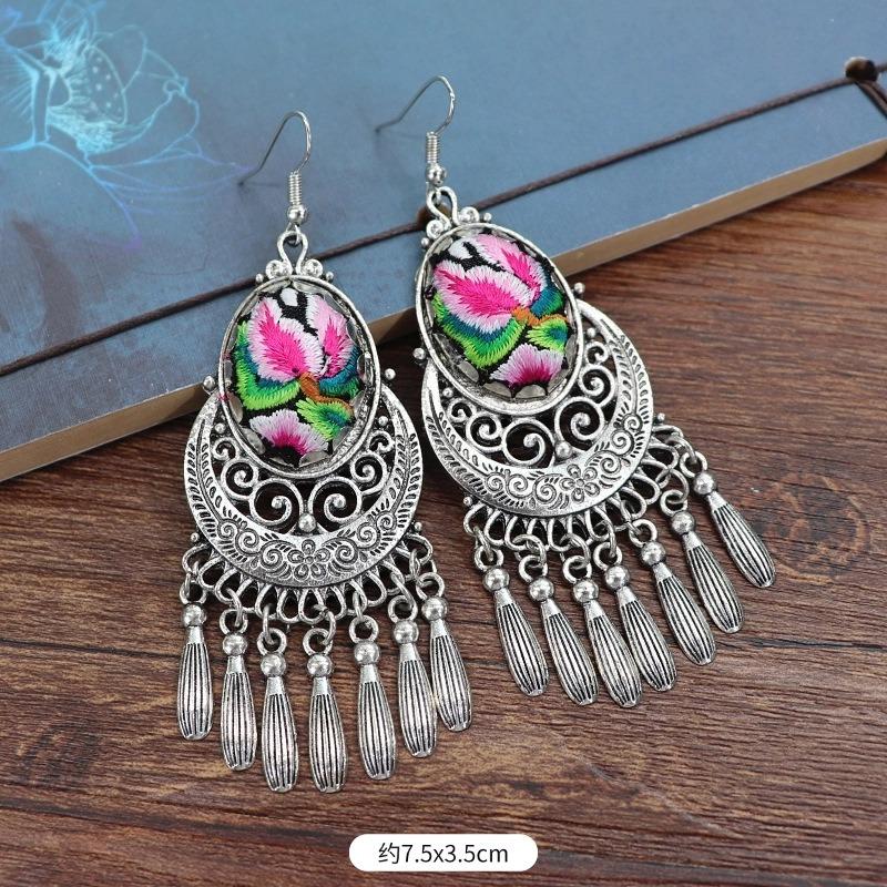Vintage embroidery earrings hairpin classical temperament Miao peacock flower fringed earrings hair accessories set women