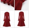 Women's Long Red Knit Dress with Coat Layer, Slim Fit, Pear Shape - Perfect for Autumn and Winter
