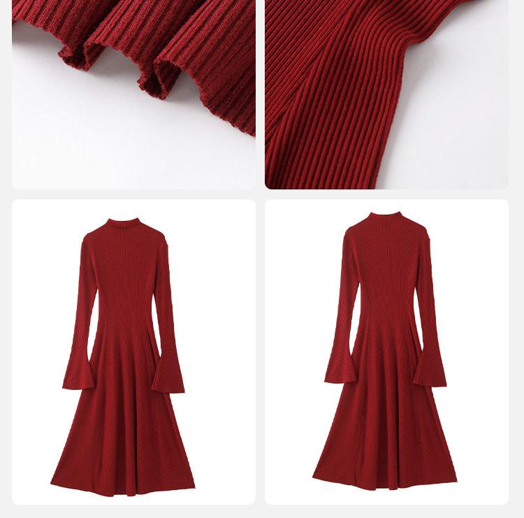 Women's Long Red Knit Dress with Coat Layer, Slim Fit, Pear Shape - Perfect for Autumn and Winter