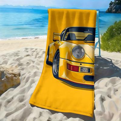 Gelbes Retro-Sportwagenmuster Polyester-Mikrofaser-Strandtuch ist sehr saugfähig, geeignet für Schwimmen und Strandausflüge