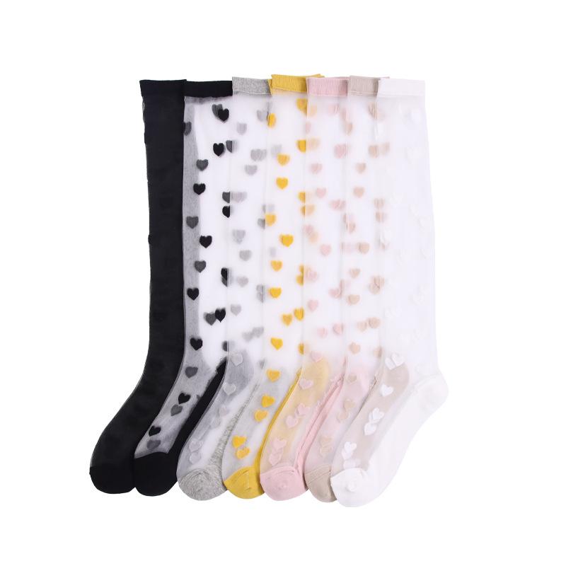 5 Pairs Women's Spring and Summer Stockings In The Tube Love Jacquard Transparent Stockings Glass Silk Stockings for Women