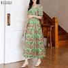 Women Square Collar Loose Casual Floral Print Short Sleeve Dress