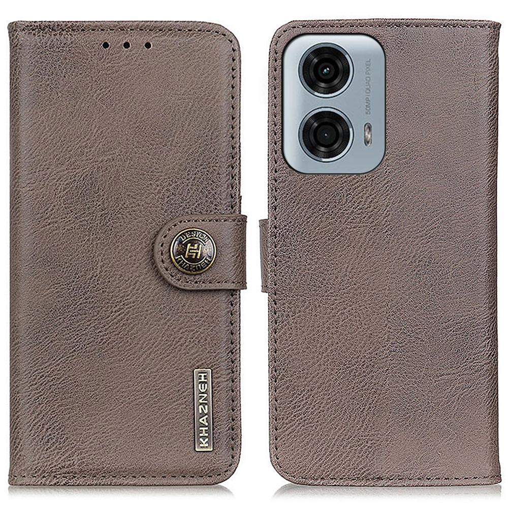 

KHAZNEH For Motorola Moto E14 4G/G04 4G/G04s 4G/G24 4G Phone Case Leather Wallet Cowhide Texture Cover Khaki