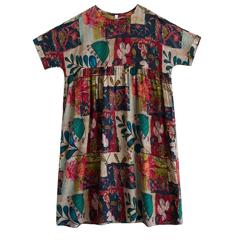 Kurzarm Plus Size Baumwolle Vintage Blumenmuster Neu in Kleidern für Damen lässig locker langes Sommerkleid