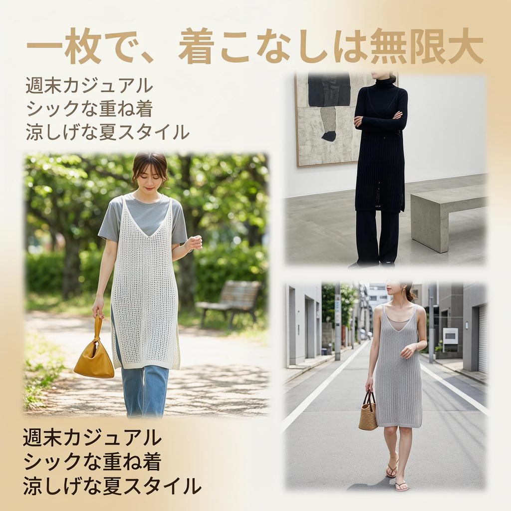 Knit Camisole Dress for Openwork [Narebualo Cietupoop] Women, Vest, Sleeveless, V-Neck, Medium-Long