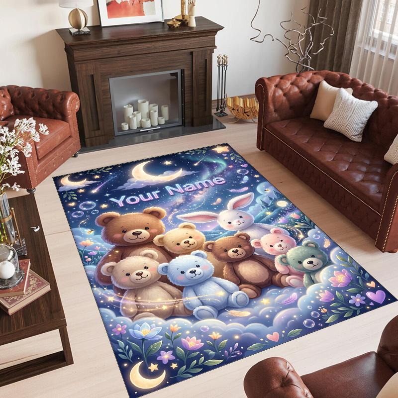 Teddy Bear Theme Crystal Velvet Rug Personalized Custom Name Text Soft Floor Mat Home Decor
