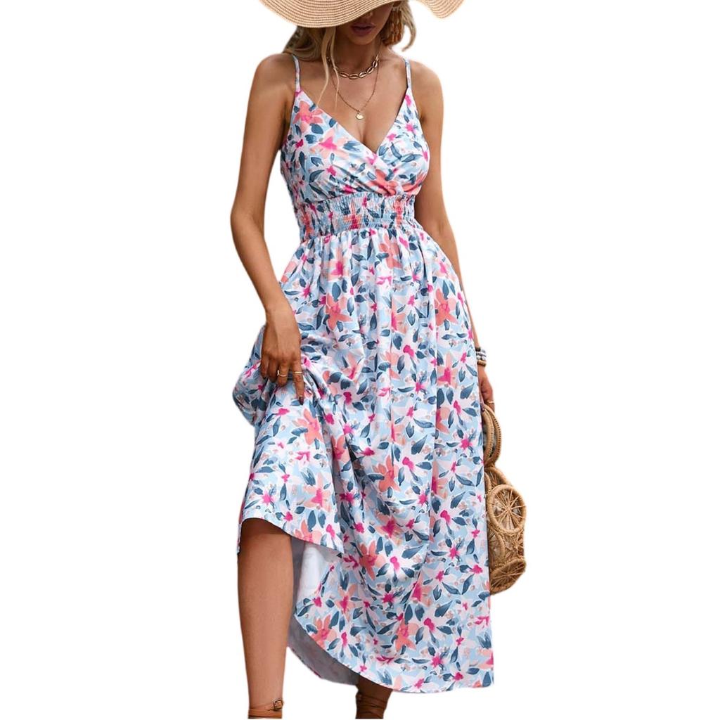 Women's Dresses Casual Elegant Floral Printed Strapless Stretch Belt V-Neck Dresses