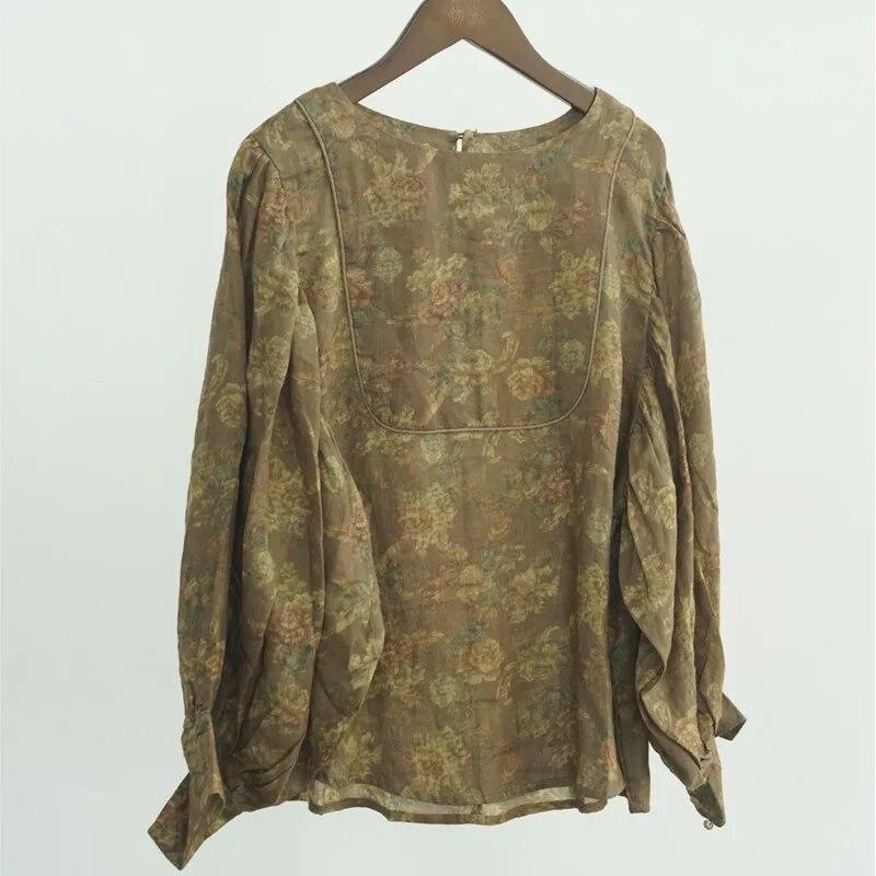 

Johnature женские винтажные льняные футболки с цветочным принтом и пышными рукавами с круглым вырезом, свободные футболки, осенние женские футболки в китайском стиле One Size кофейный