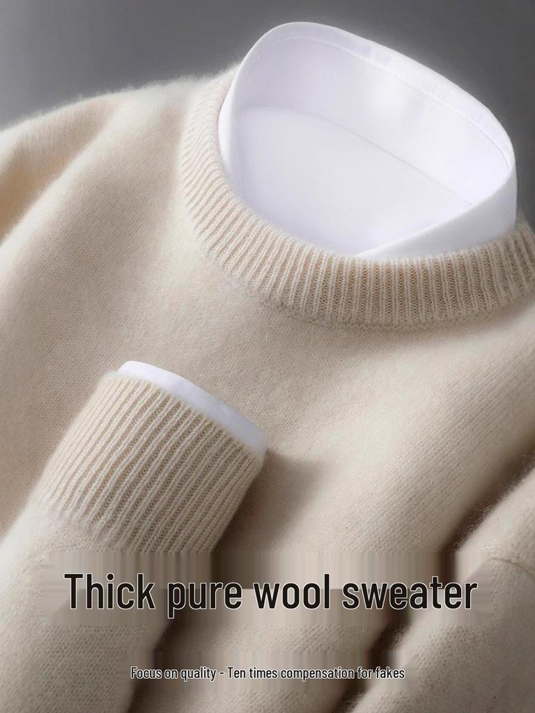Herren Pullover aus reiner Wolle, schwer, Rundhalsausschnitt, lockere Passform, warm, einfarbig, ideale Basisschicht für Herbst/Winter.