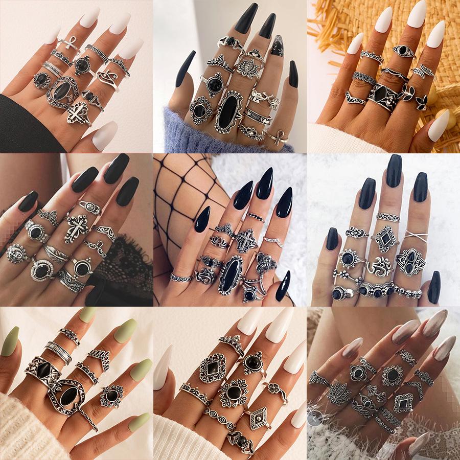 Fashion jewelry Vintage carved sun feather cross black gemstone ring multi-piece set set