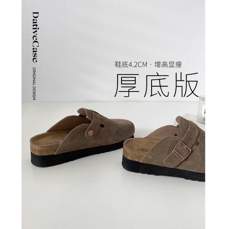 [Trendy] Leather Platform Slippers Women's Spring and Autumn New Outer Wear Fishing Boken Half Drag Lincoln