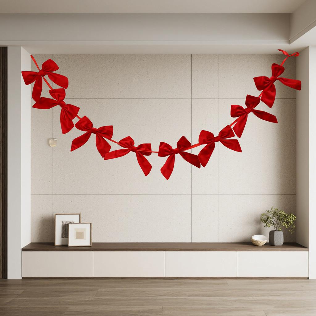 Festive Christmas Window Hanging With Red Bow And Ball Garland For Hotel Decor