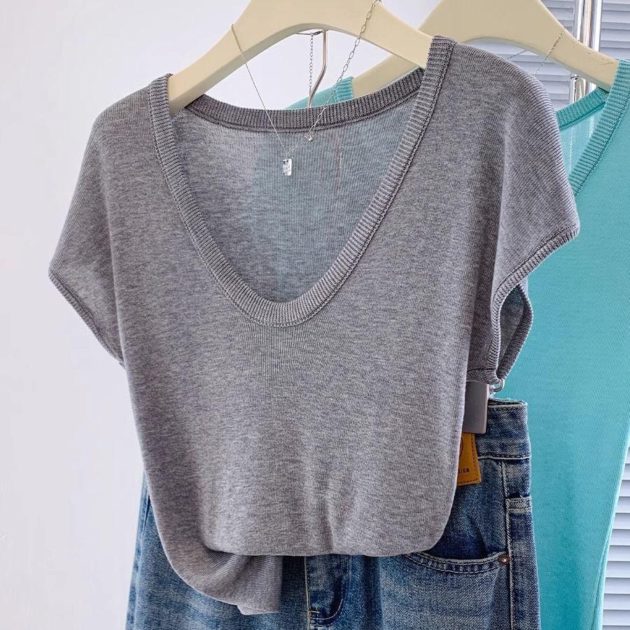 

Женская приталенная трикотажная футболка с U-образным вырезом в европейском стиле - Летняя базовая футболка с коротким рукавом 2025 S серый