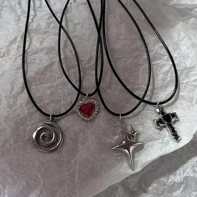 Simple Silver Color Metal Heart Cross Vortex Pendant Necklaces Black PU Leather Rope Chain Choker Necklace For Women Ladies