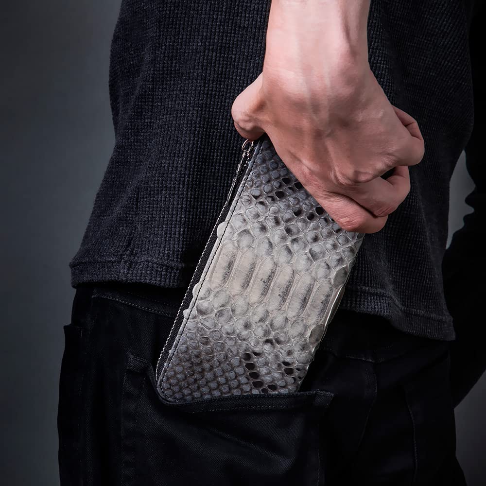 Artemis Classic L-Shaped Slim Gray Python Long Wallet (ZW0008) - Men's Long Wallet with Zipper, Snake Pattern, and Genuine Leather