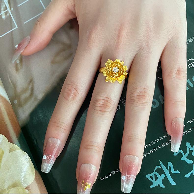 

Кольцо с открытой шинкой в виде лотоса из древнего золота 24 карата с цирконом, новое китайское кольцо изысканного дизайна в стиле легкой роскоши, персонализированное нишевое украшение