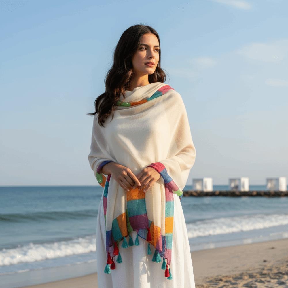 Rainbow-Border Summer Shawl Tasseled Beach Wrap Neck Wrap Sunscreen Sarong  Fashionistas