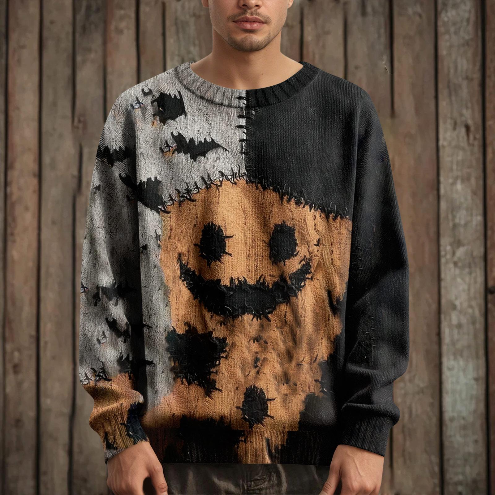 

Мужской пуловер с длинным рукавом, повседневный вязаный свитер оверсайз с принтом на Хэллоуин L