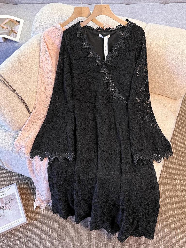 Plus Size Women's French Lace Dress, Long Sleeve, Waist-Cinched, Elegant and Slimming, Fits 130-300 Jin