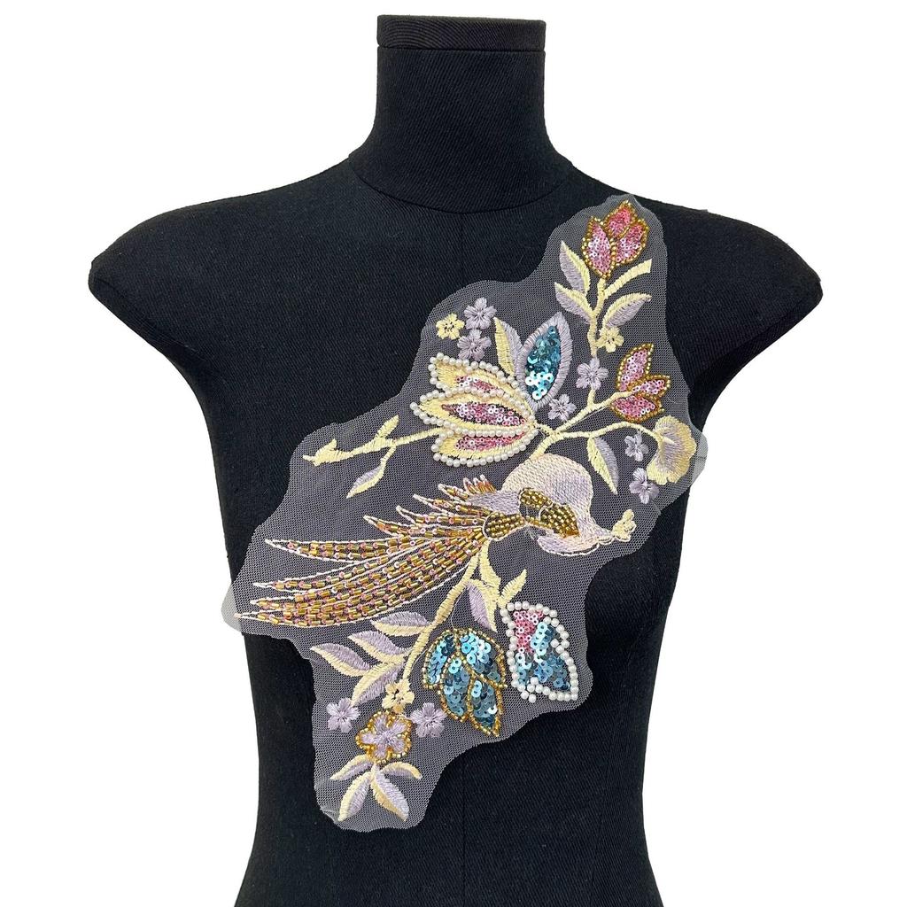 Mesh Lace Sequined Beads Embroidered Flower Cloth Sticker Chinese Hanfu Cheongsam Sweater Decorative Patch Sticker