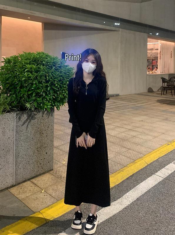 

Plus Size Women s Casual Knit Hooded Long Sleeve Dress - French Style Black Maxi Skirt 4XL (suggested for 90-100 kg)