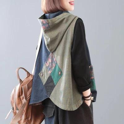 Large Size Women's Summer Patchwork Print Denim Vests