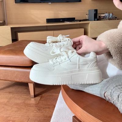 Showing Long Legs and Reducing Age, Round Head Lace-up Board Shoes, Thick Soles Increase Height, Leather Little White Shoes