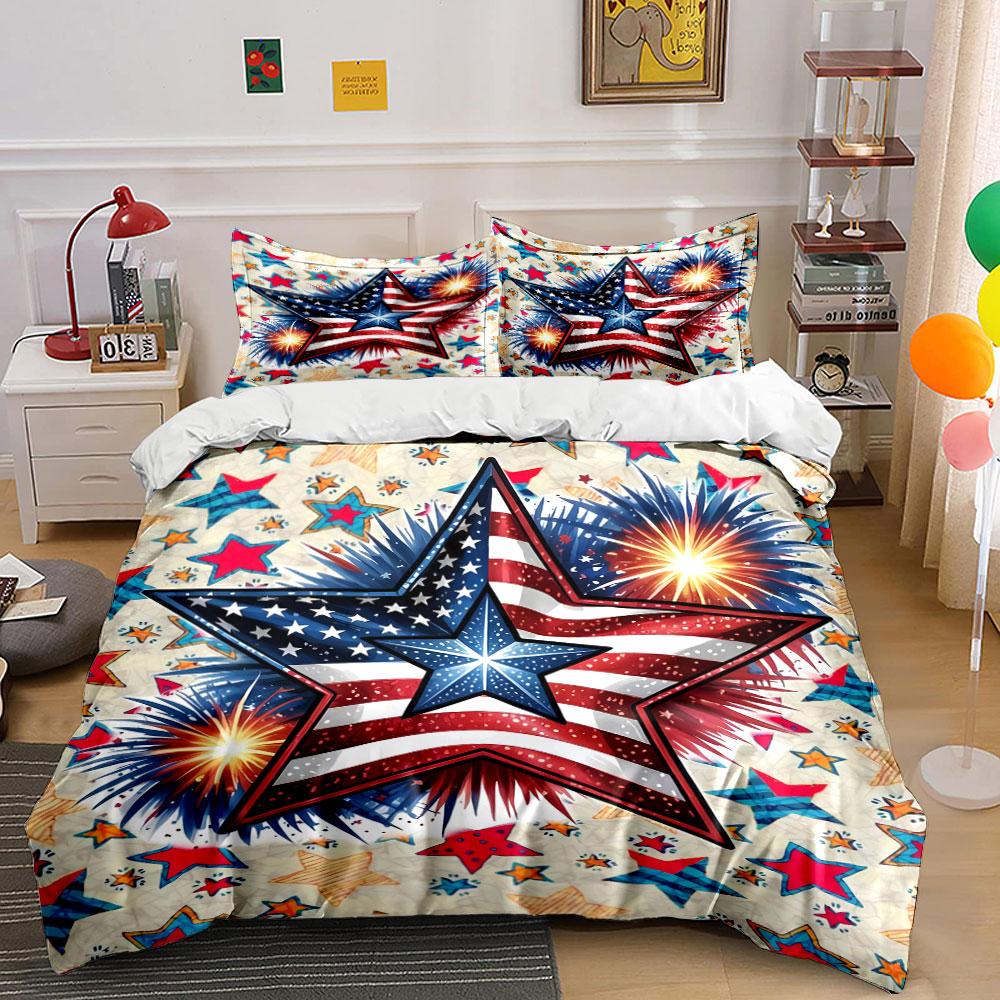 Patriotic Star Firework Design Bedding Duvet Cover Set Duvet Cover Pillowcases (1 * Duvet Cover 2 * Pillowcases, without duvet insert)