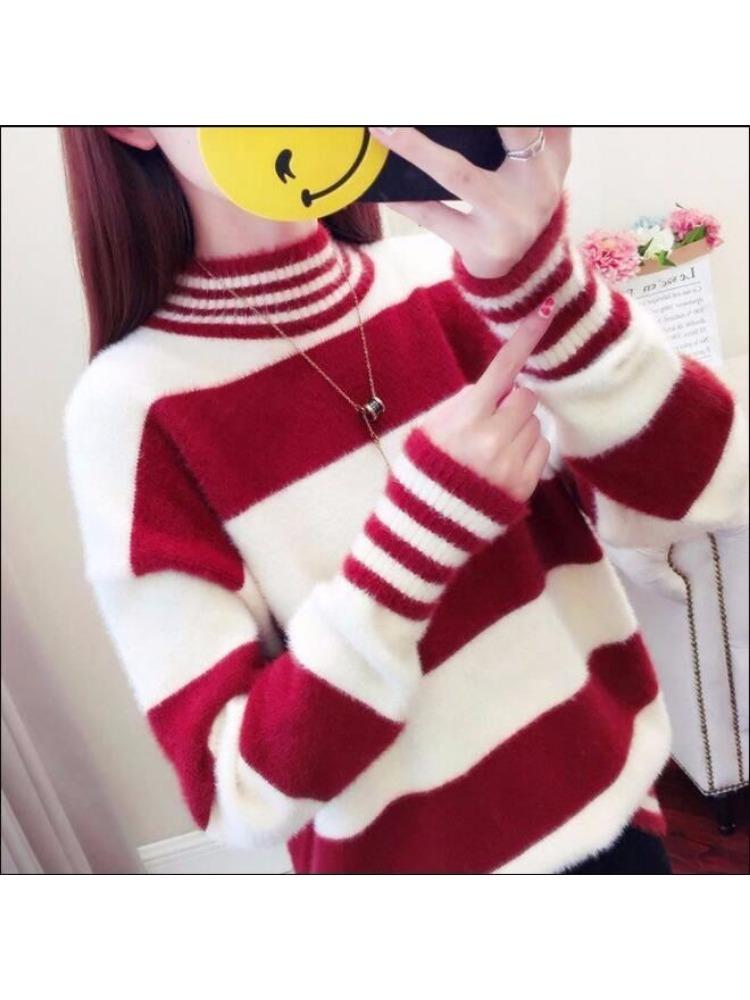 Autumn and Winter Imitation Mink Semi-turtleneck Velvet Thickened Warm Pullover Sweater Women's Loose Striped Bottoming Shirt