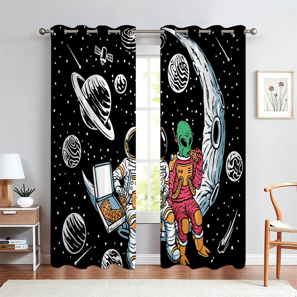 Cartoon Space Curtains for Boys Girls Bedroom Playroom Living Room ,Children Astronaut Planet Starry Art Printed Window Curtains