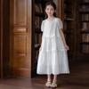Girls' Embroidered White Cotton Dress – Sweet Bubble Sleeve Cake Design for Summer