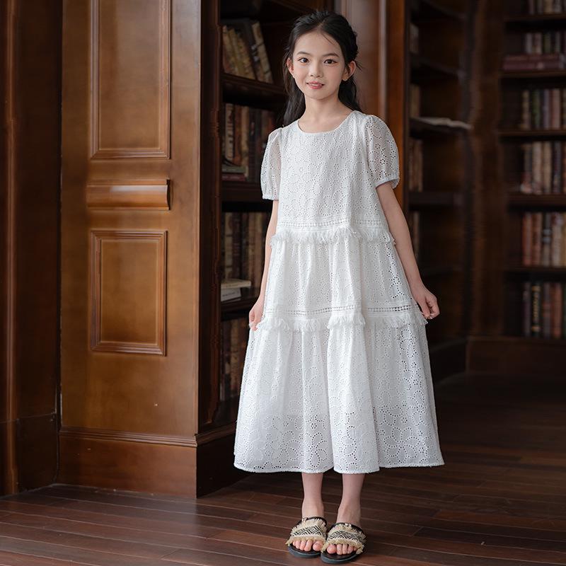 Girls' Embroidered White Cotton Dress – Sweet Bubble Sleeve Cake Design for Summer