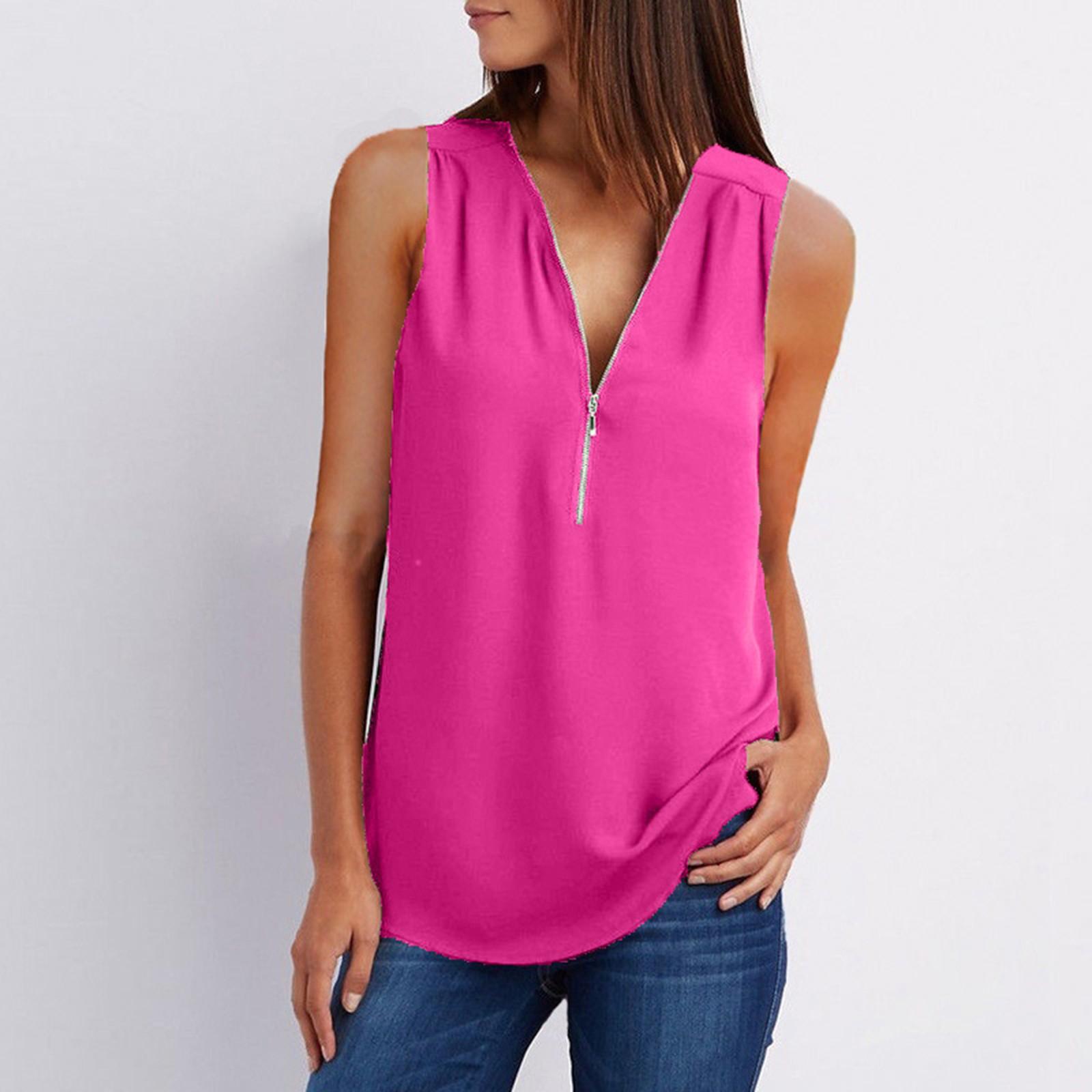 

Women‘s Zipper V-Neck Sleeveless Casual Solid Tops Blouse Loose Vest T-Shirts XXXL