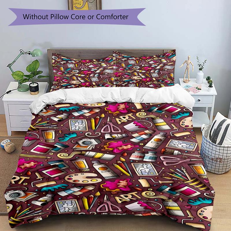 

3pcs Anime Cartoon Art Supplies Doodle Bedding Set - Includes One Quilt Cover and Two Pillowcases (No Core) - Polyester Fabric - Home Decor - Holiday 135x200cm