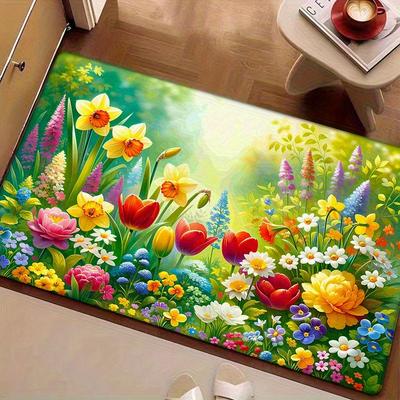 1 Pezzo Tappetino da Pavimento con Vivace Motivo Floreale Moderno Tappeto da Cucina in Poliestere Antiscivolo Colorato Tappeto da Interno, Per Casa Bagno Camera da Letto Soggiorno Decor