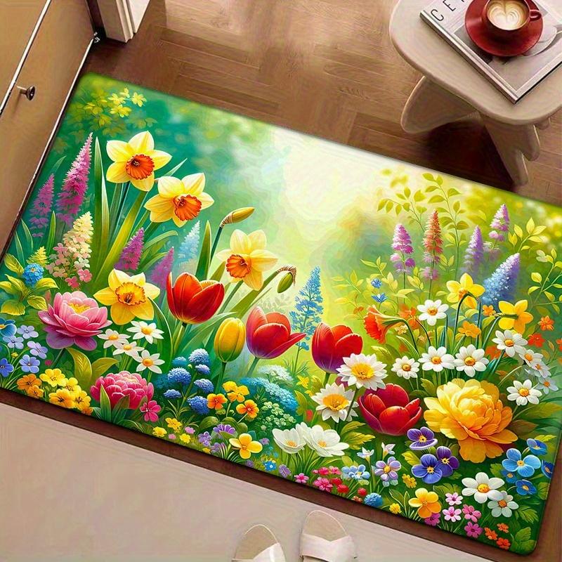 1Pcs Vibrant Floral Pattern Floor Mat Modern Kitchen Polyester Rug Non-Slip Colorful Indoor Carpet, For Home Bathroom Bedroom Living Room Decor