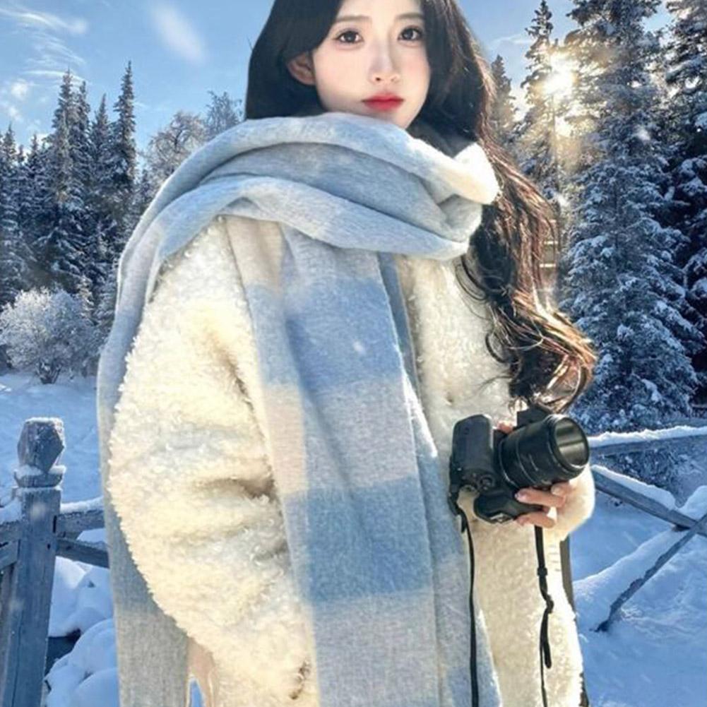 Korean Fashionable Scarves Large Checkered Pattern Thick Scarf for Woman Winter Outdoor Windproof Warm Scarves