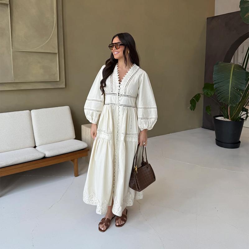 Elegant Lace Hollow Out Women's Long Dress Solid V-neck Patchwork Puff Sleeve Bodycon Dressess Female New Lady Robes