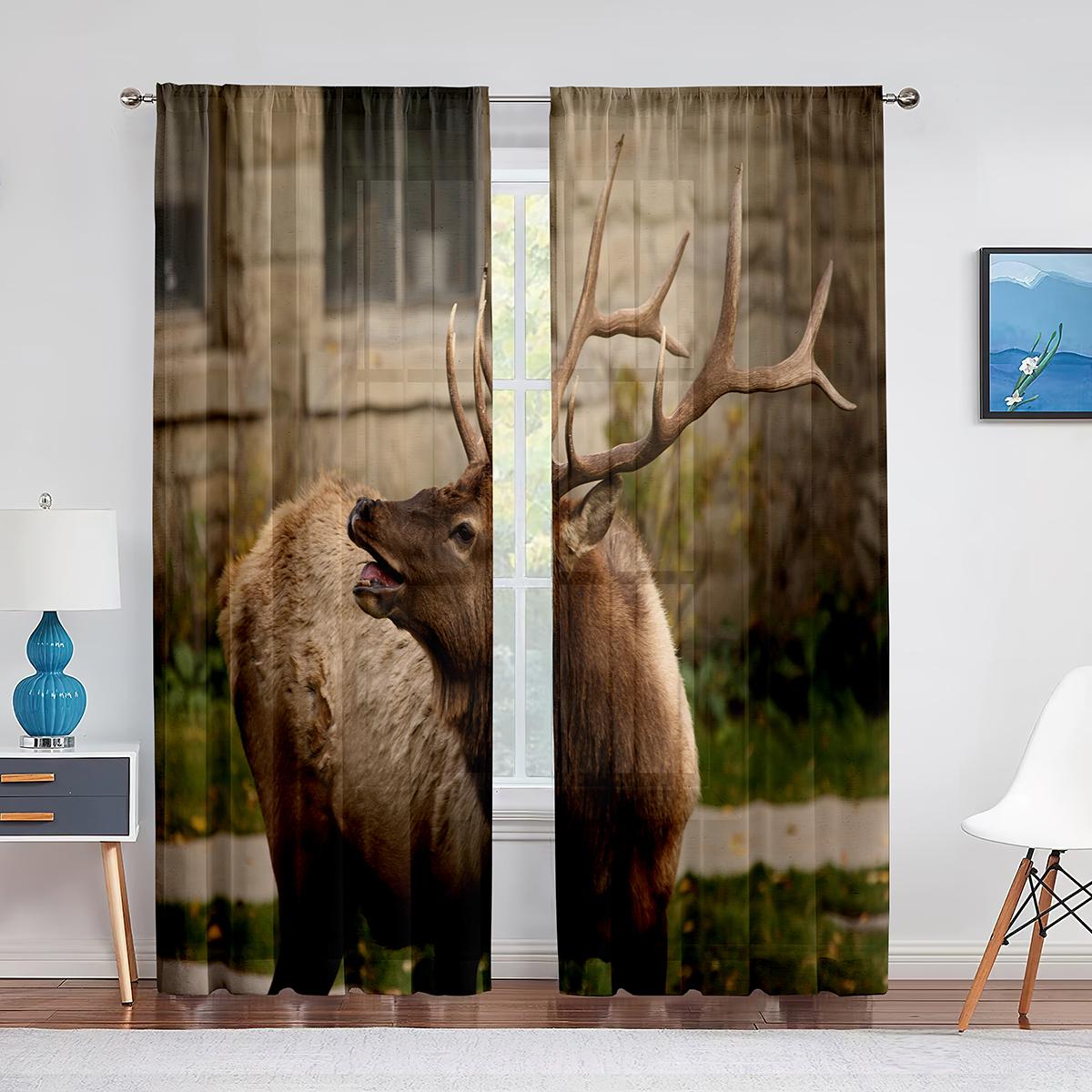 

Прозрачные шторы «Олень в горах» для декора гостиной, занавеска на окно с дикими животными, охота, спальня, кухня, тюлевая вуаль, шторы 1 PCS W100XH250cm&Grommet Top