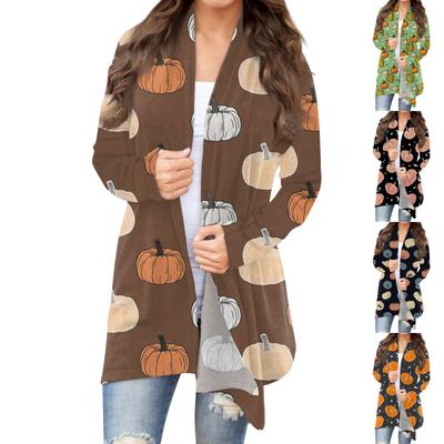 Women's Fashion Casual Halloween Printed Long Sleeve Mid-Length Cardigan Jacket Tops