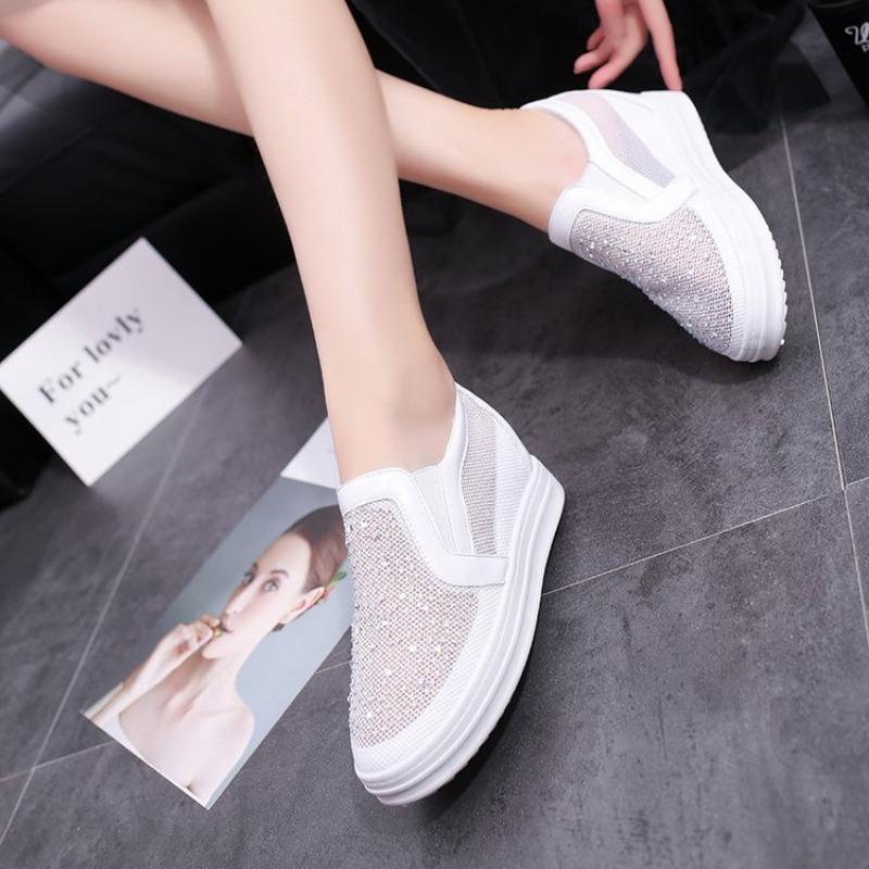

Fashion Platform Wedge Sneakers Shoes Genuine Leather Bling Bling Slip on Spring Autumn Women Fashion Sneakers 34