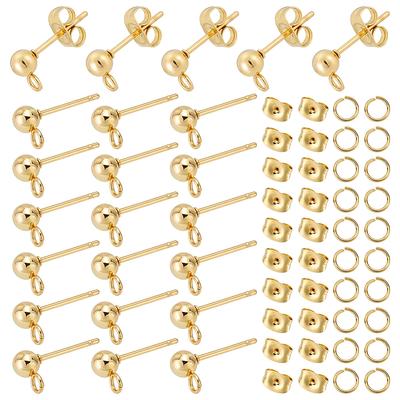 100Pcs 304 Stainless Steel Ball Stud Earring Findings with Horizontal Loops & 100Pcs Ear Nuts & 100Pcs Open Jump Rings Golden 15x7x4mm Hole: 1.7mm