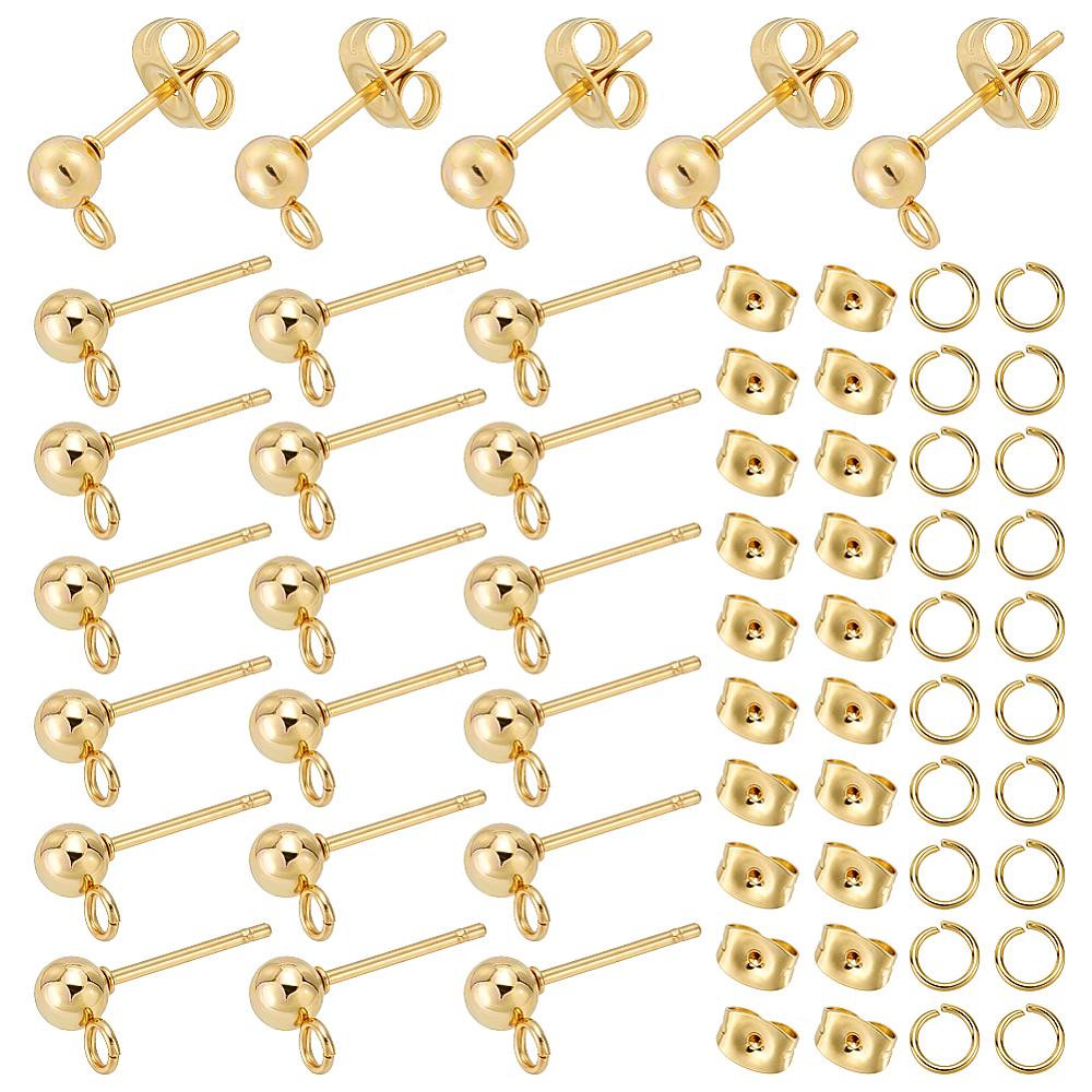 100Pcs 304 Stainless Steel Ball Stud Earring Findings with Horizontal Loops & 100Pcs Ear Nuts & 100Pcs Open Jump Rings Golden 15x7x4mm Hole: 1.7mm
