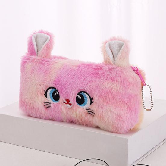 Stationery Box Flannel Pencil Case Zipper Closure Portable Cat Pattern Makeup Pouch Large Capacity